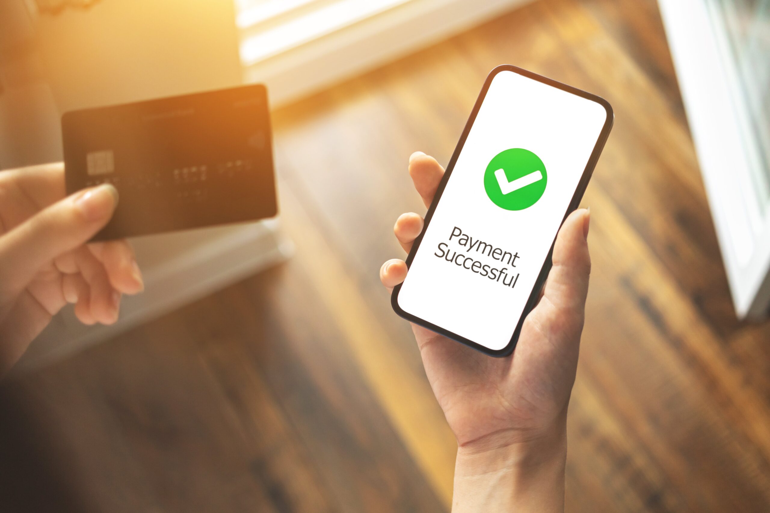 payment successful credit card woman with smartphone making online order purchase internet banking transfer technology concept photo min scaled